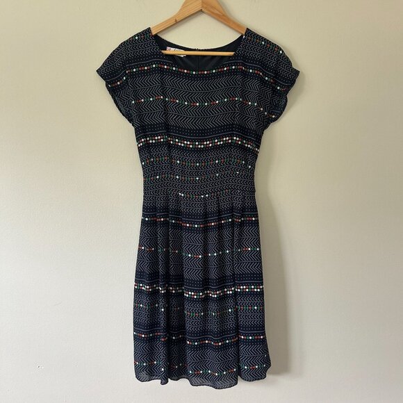 Vintage Navy Blue Polka Dot & Chevron Pattern Dress With Cap Sleeves & Tie Back - Picture 10 of 10
